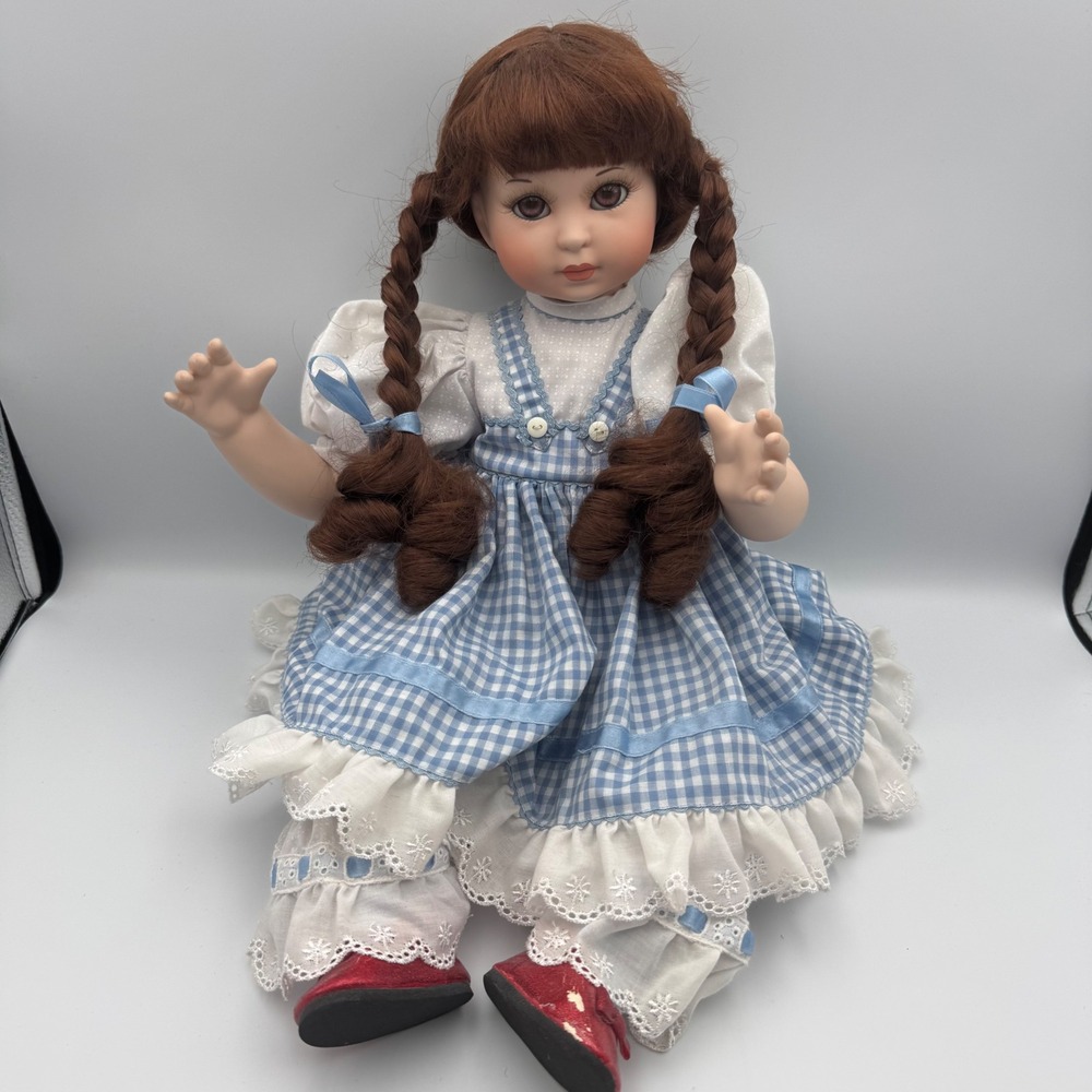 Marie Osmond Baby Dorothy Porcelain Doll Blue Gingham Dress Red Ruby Shoes Braid